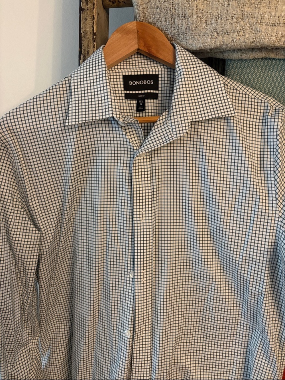 Bonobos Weekday Warrior Dress Shirt. White and Dark Green Grid Pattern.